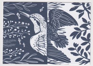 Front of the card is a black and white linocut image of a bird diving underwater.