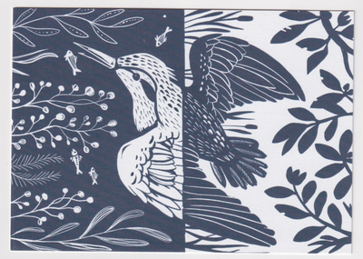 Front of the card is a black and white linocut image of a bird diving underwater.