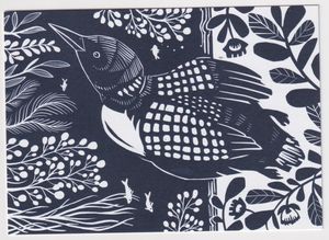 	Black and white stylized linocut of a bird diving underwater.