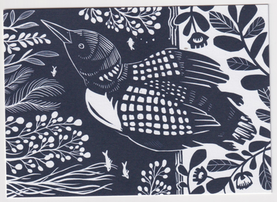 	Black and white stylized linocut of a bird diving underwater.