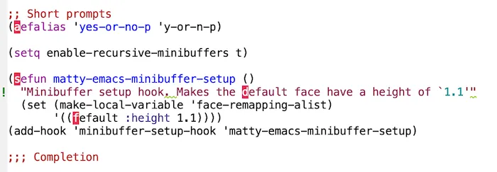 A screenshot of Avy in use. What you're seeing here in red are 'jump points' - places in the buffer that match search characters I pass to avy. I am able to immediately jump to these positions by typing the characters in red. My point will move to that location and the red will be replaced with what was there previously.