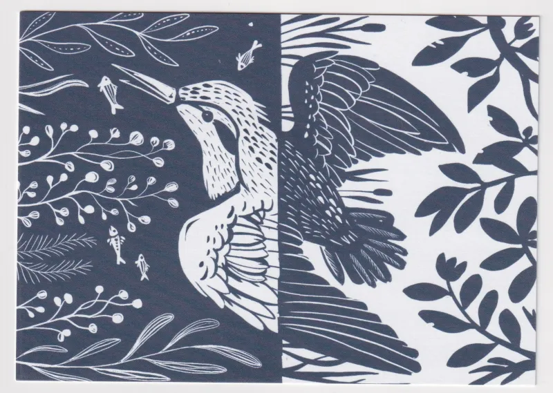 Front of the card is a black and white linocut image of a bird diving underwater.