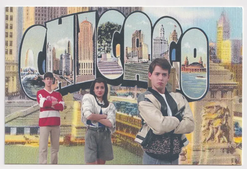 The front of the card is a vintage style postcard with stylized letters spelling CHICAGO with characters from the movie Ferris Beuler's Day Off superimposed in the foreground.