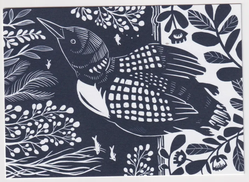 Black and white stylized linocut of a bird diving underwater.