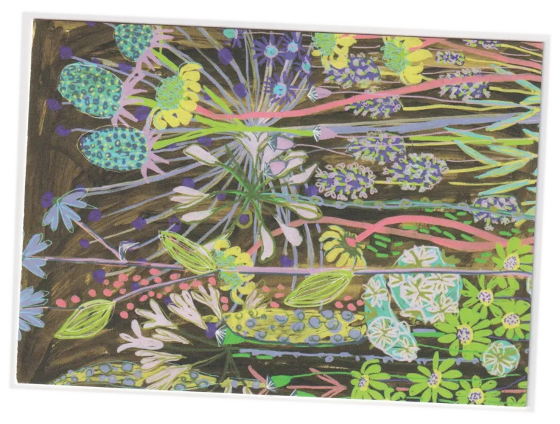 A stylized collage of a bunch of wildflowers covers the front of the postcard. 