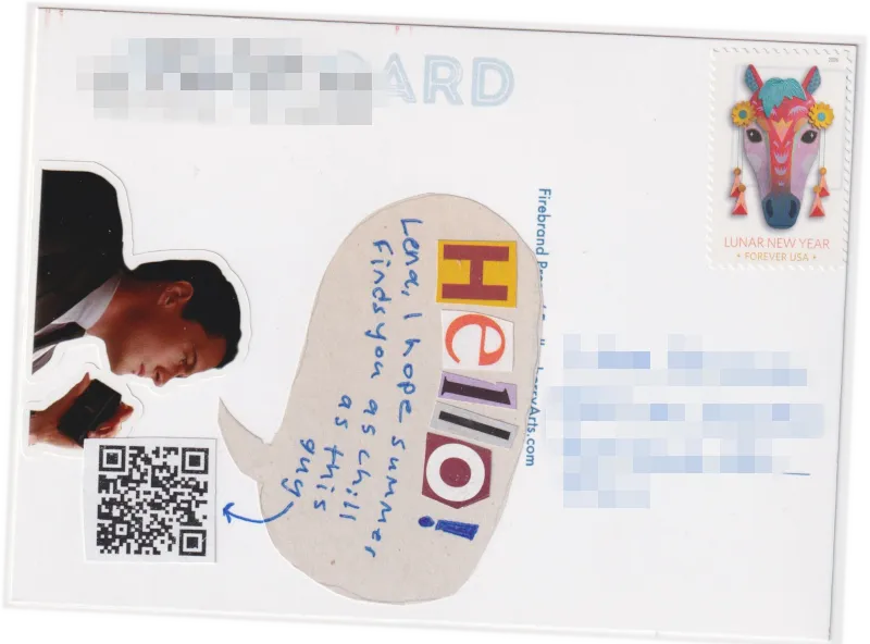A sticker of AGENT DALE COOPER from the first episode of Twin Peaks is on the left side of the card with a speech bubble. The speech bubble contains "Hello!" spelled from magazine letters, and a message to the recipient. A QR code is present that goes to a funny YouTube video of an Orangutan. 