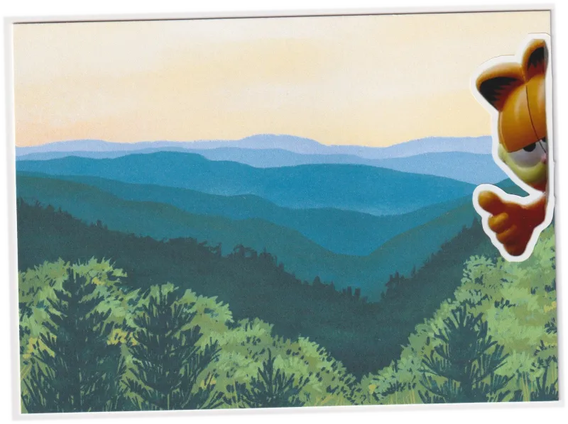 Front of the card shows a forested landscape that looks like a linucut colored with blues and greens. A sticker of the garfield parade float giving a thumbs up meme is pasted onto the right of the card.
