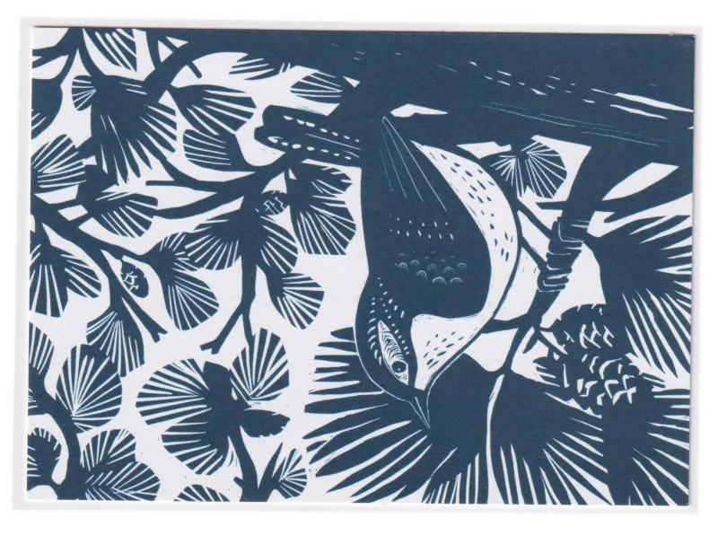 A two color linocut of a bird sitting in a pine tree.