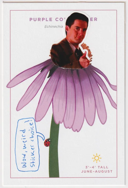 Front of postcard; Drawing of a coneflower with Dale Cooper ding a thumbs up instead coming out of the flower. A ladybug crawling on the plant has a speech bubble talking about the sticker.